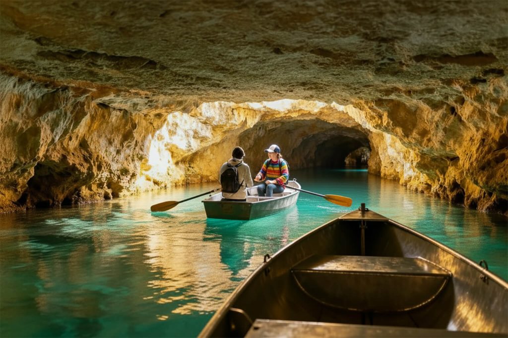 Tapolcai Tavasbarlangban két turista csónakázik